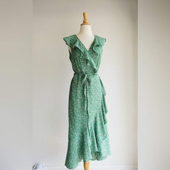 MAX STUDIO Green Floral Ruffle Wrap Midi Dress | Medium - Picture 2 of 8